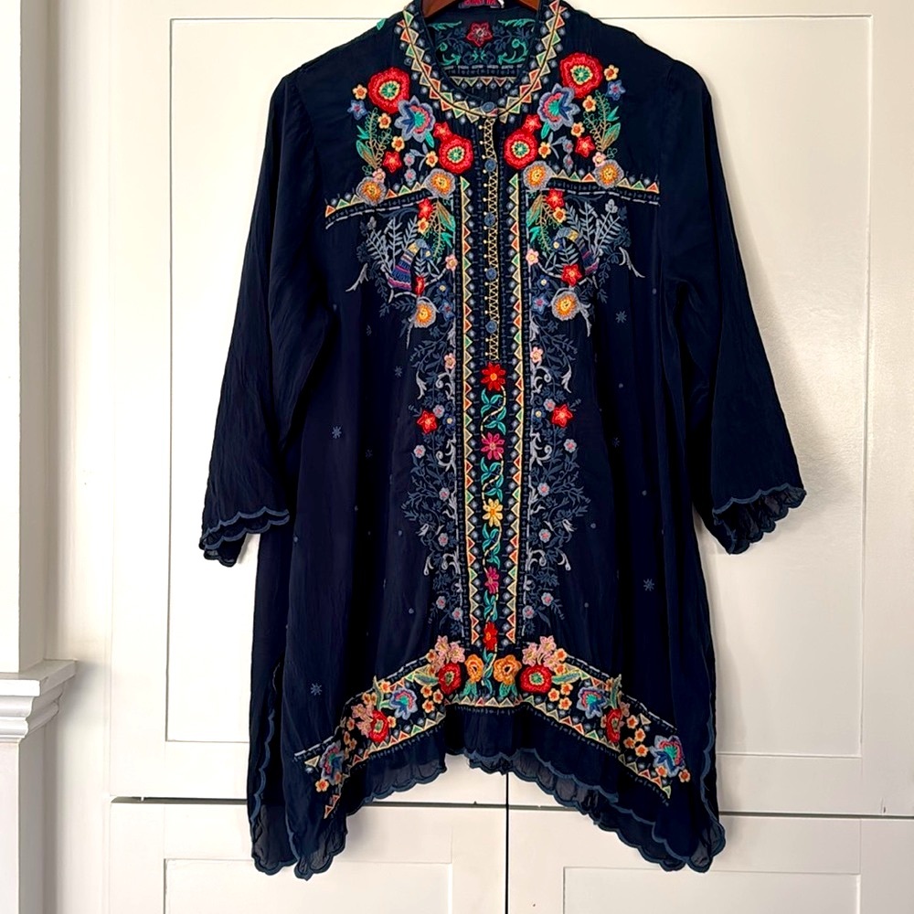 Johnny Was Embroidered Floral Navy Top